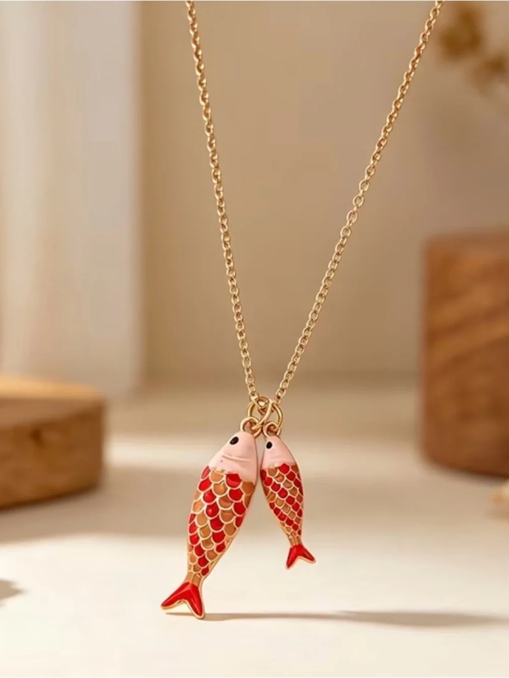 Gold-Tone Double Fish Pendant Necklace in Red and Pink